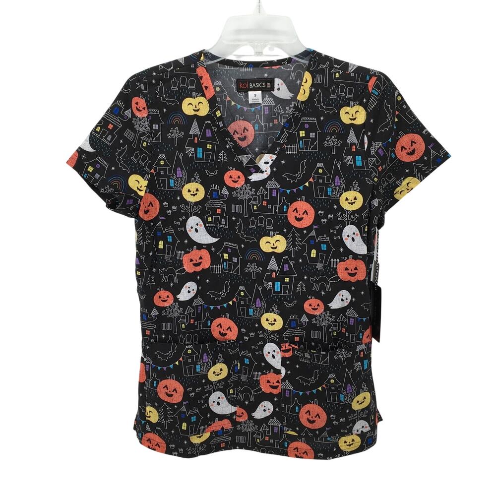 Koi Basics Scrubs NWT Small Leslie Haunted Night Halloween Top Shirt Nursing